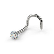 14k white gold diamond nose screw, angled view showing twist post and 3-prong diamond setting