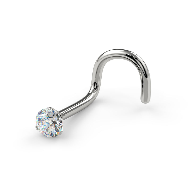 14k white gold diamond nose screw, angled view showing twist post and 3-prong diamond setting