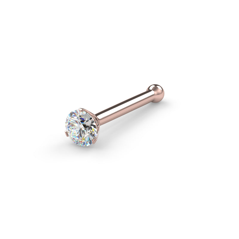 14k rose gold 2mm diamond nose bone stud, angled view highlighting warm tone and 3-prong setting