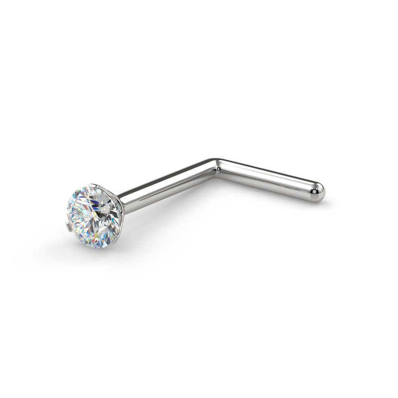 14k white gold VS1 diamond L-post nose stud, angled view showing L-shaped post and Lumina setting
