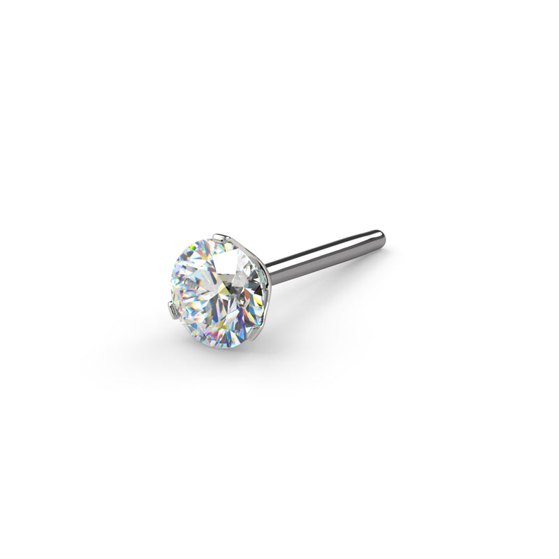 14k white gold 2mm VS1 diamond straight post nose stud, close-up angled view of Lumina prong setting