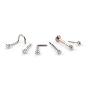 All style options for 14k gold diamond nose stud: twist, bone, L post, flat back, straight, and end only