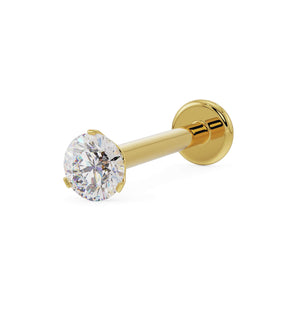 14k yellow gold 2.5mm VS1 diamond flat back labret stud, angled view showing 3-prong setting and disc back