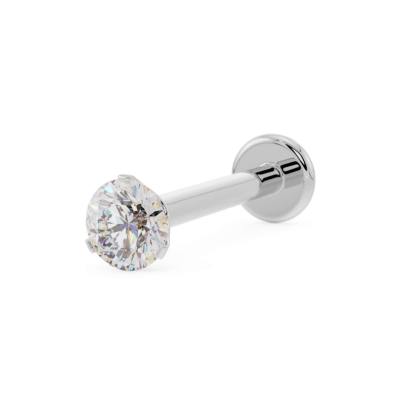 14k white gold 2.5mm VS1 diamond flat back labret stud, angled view showing 3-prong setting and disc back
