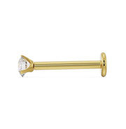 Side profile of 14k yellow gold 2.5mm diamond flat back labret showing full post length and flat disc back