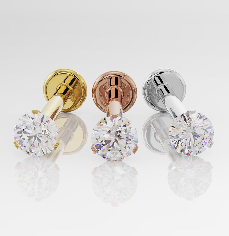 14k yellow gold, rose gold, and white gold 3-prong diamond flat back studs side by side, all three metal colors