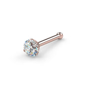 14k rose gold VS1 diamond nose bone with ball end, angled view of 3-prong Lumina setting