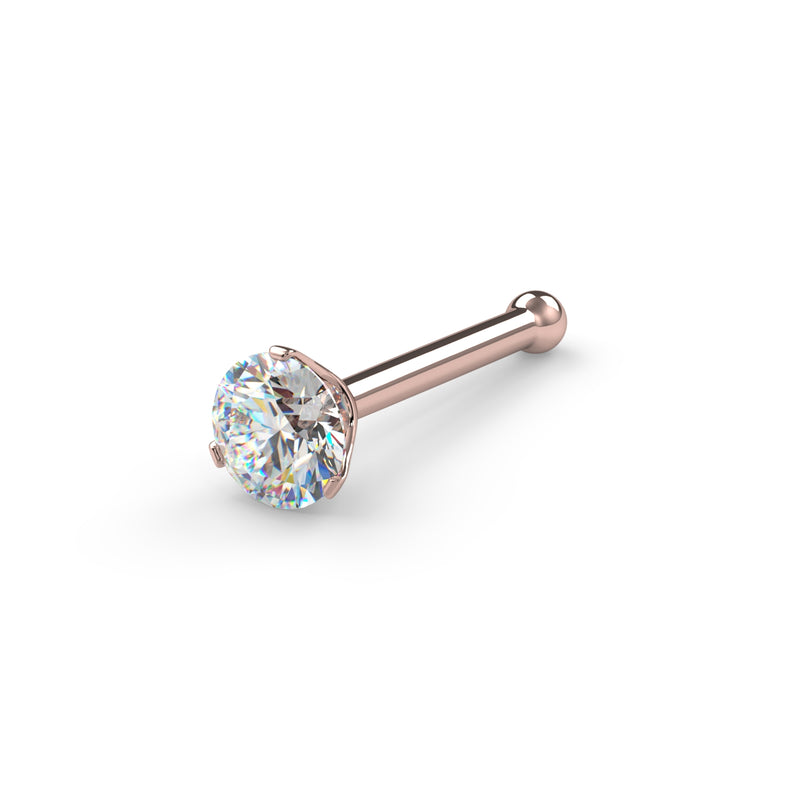 14k rose gold VS1 diamond nose bone with ball end, angled view of 3-prong Lumina setting