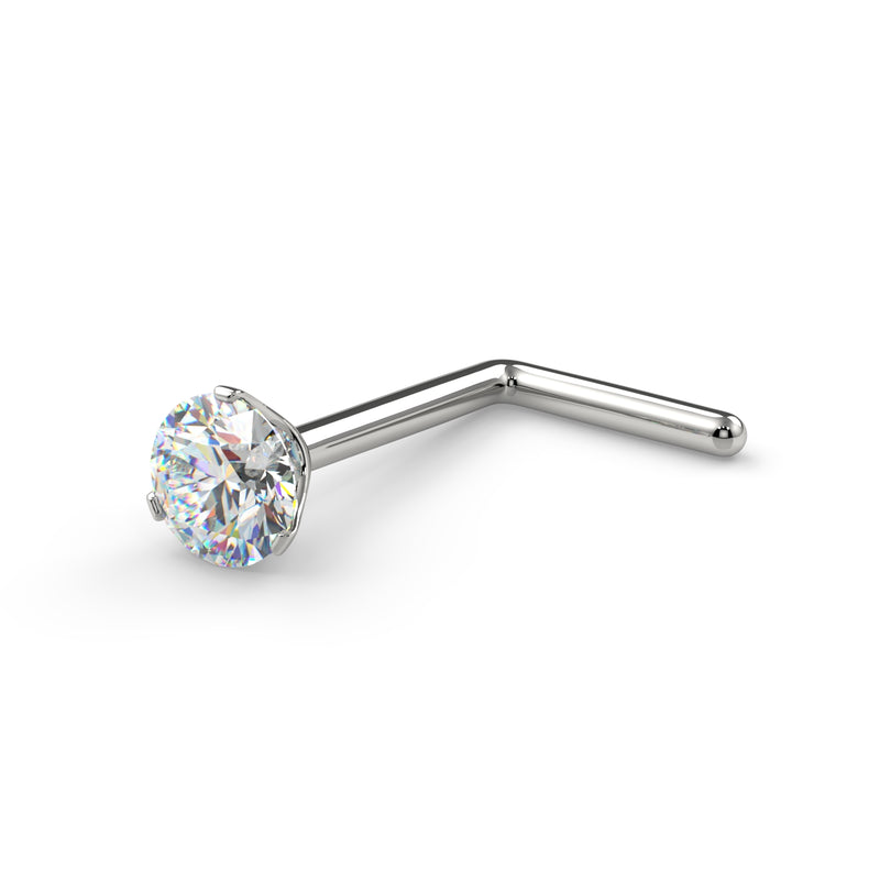 14k white gold diamond nose ring L-post style, angled view of 3-prong setting and L-shaped backing