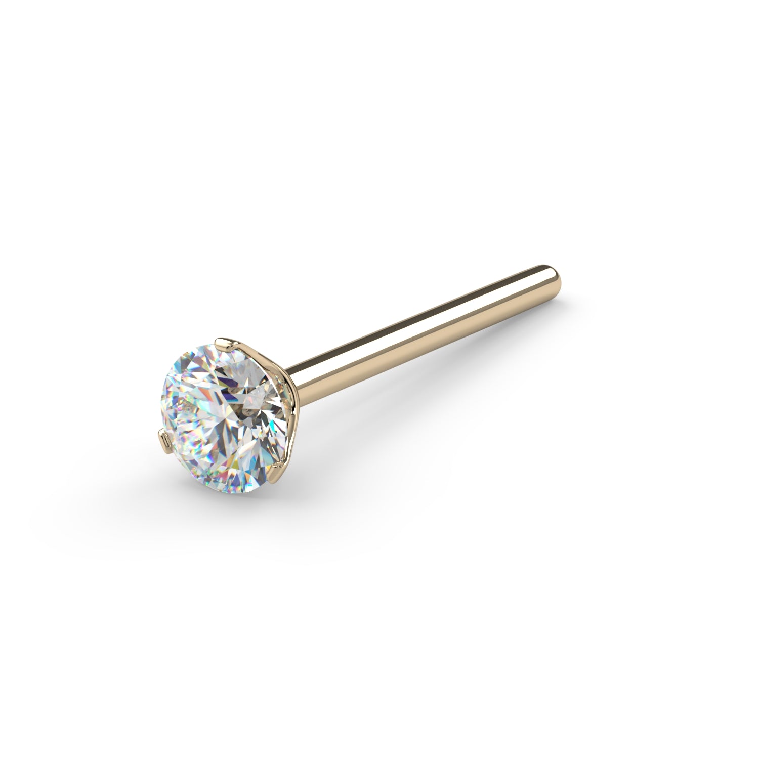 14k yellow gold diamond nose bone straight post style with 3-prong VS1 diamond setting, side view