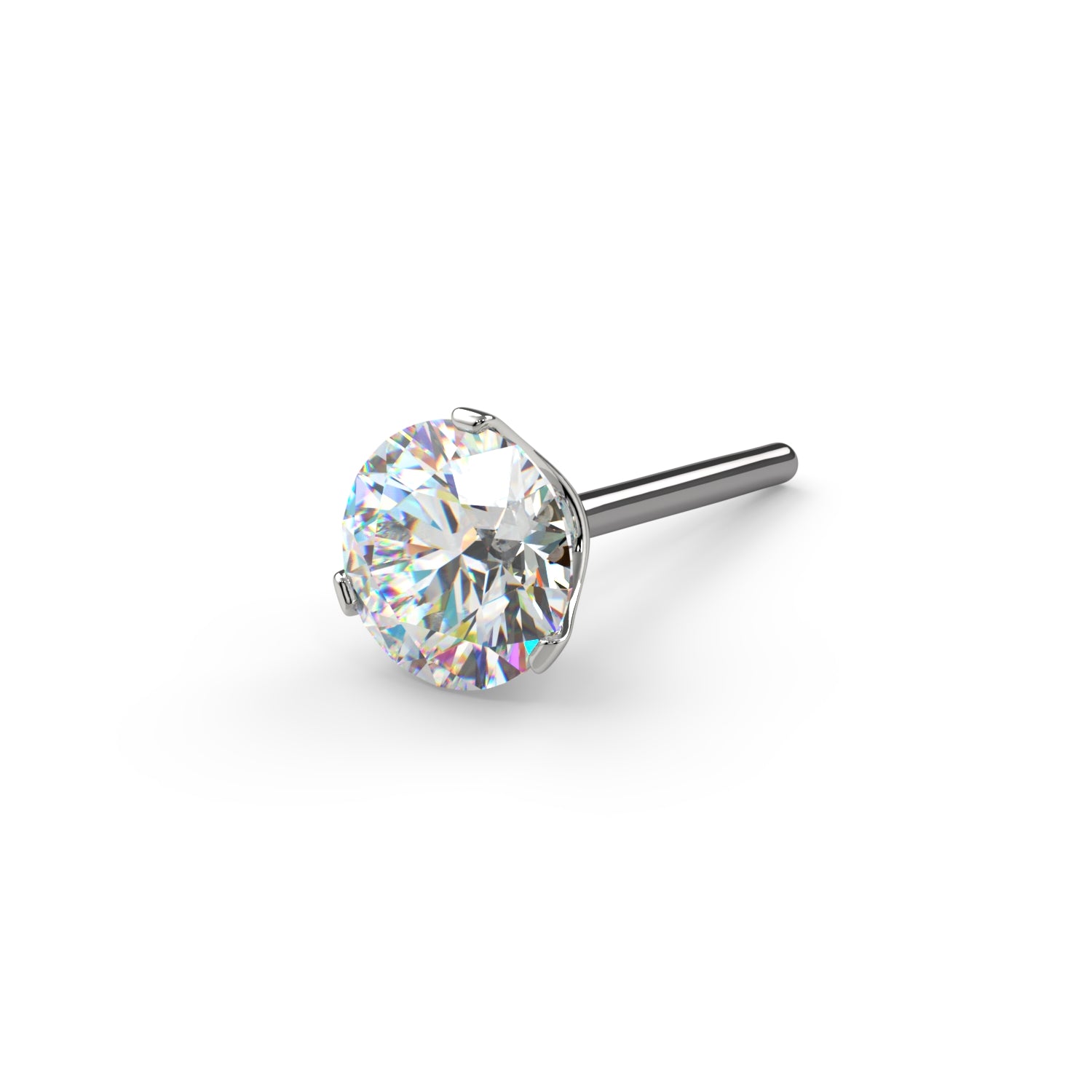 14k white gold 3-prong VS1 diamond threadless push pin nose stud end, close-up front angle view