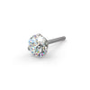 14k white gold 3-prong VS1 diamond threadless push pin nose stud end, close-up front angle view