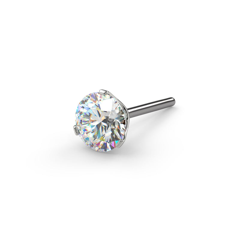 14k white gold Lumina diamond threadless stud end, medium size showing larger VS1 diamond and 3-prong setting