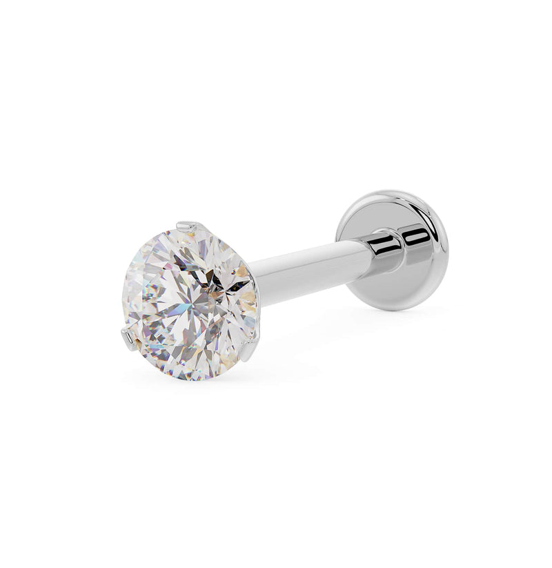 14k white gold 3mm VS1 diamond flat back labret stud with 3-prong Lumina setting, angled front view