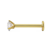 Side profile of 14k yellow gold 3mm diamond flat back labret stud showing post length and flat disc backing