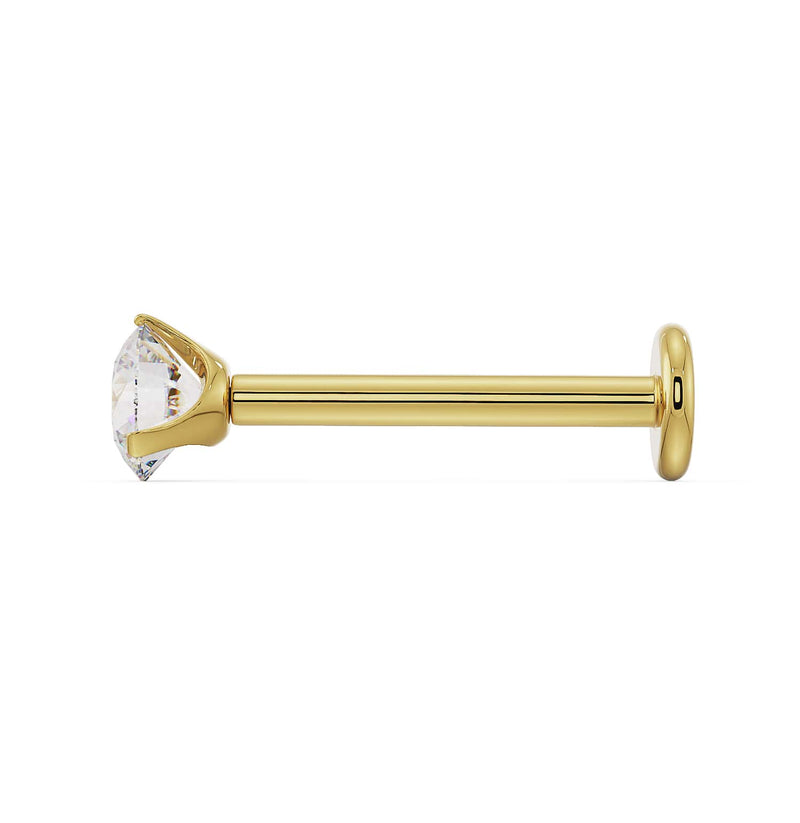Side profile of 14k yellow gold 3mm diamond flat back labret stud showing post length and flat disc backing