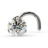 14k white gold 3mm VS1 diamond nose ring with twist style, front view of 3-prong Lumina setting
