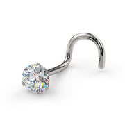 14k white gold 3mm VS1 diamond nose screw, angled view showing twist post and Lumina 3-prong setting
