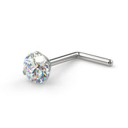 14k white gold 3mm VS1 diamond L-post nose ring, angled view showing L-shaped post and prong setting