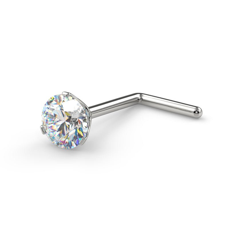 14k white gold 3mm VS1 diamond L-post nose ring, angled view showing L-shaped post and prong setting