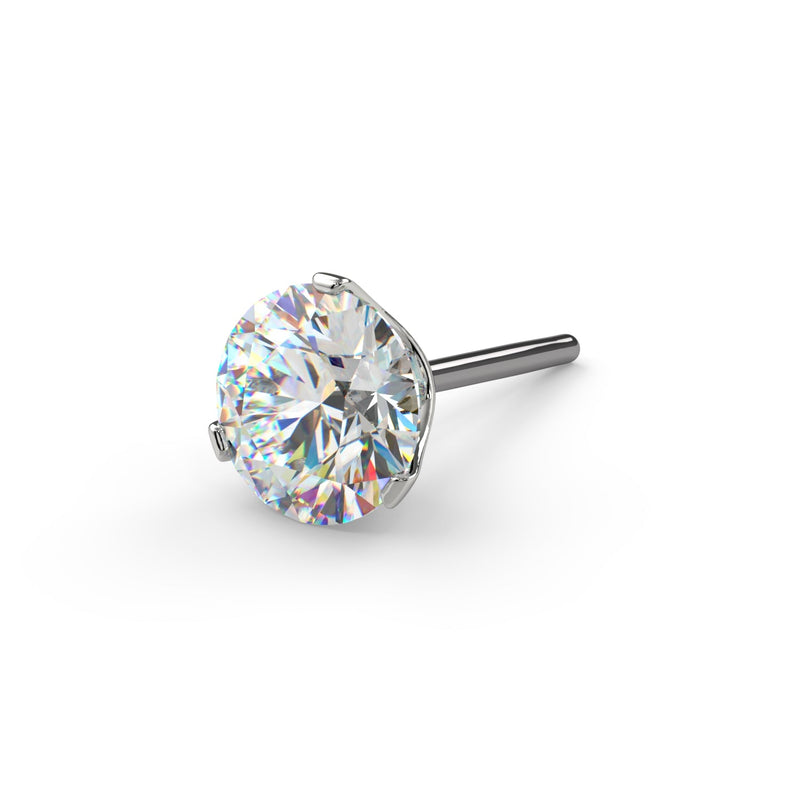 14k white gold Lumina 3-prong VS1 diamond stud end, large 3mm size with maximum diamond brilliance, angled view