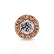 Close-up front view of 14k rose gold perlage bezel with round diamond and milgrain border