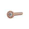 14k rose gold diamond perlage straight nose stud, angled view highlighting round post end