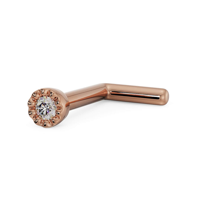 14k rose gold diamond perlage L-post nose ring, side view showing angled post and setting