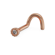 14k rose gold 1.2mm diamond perlage nose screw, angled view showing twist post style