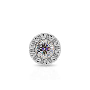 Close-up front view of white gold perlage bezel setting with round diamond and milgrain detail