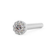 14k white gold diamond nose bone with perlage bezel setting, angled view showing straight post