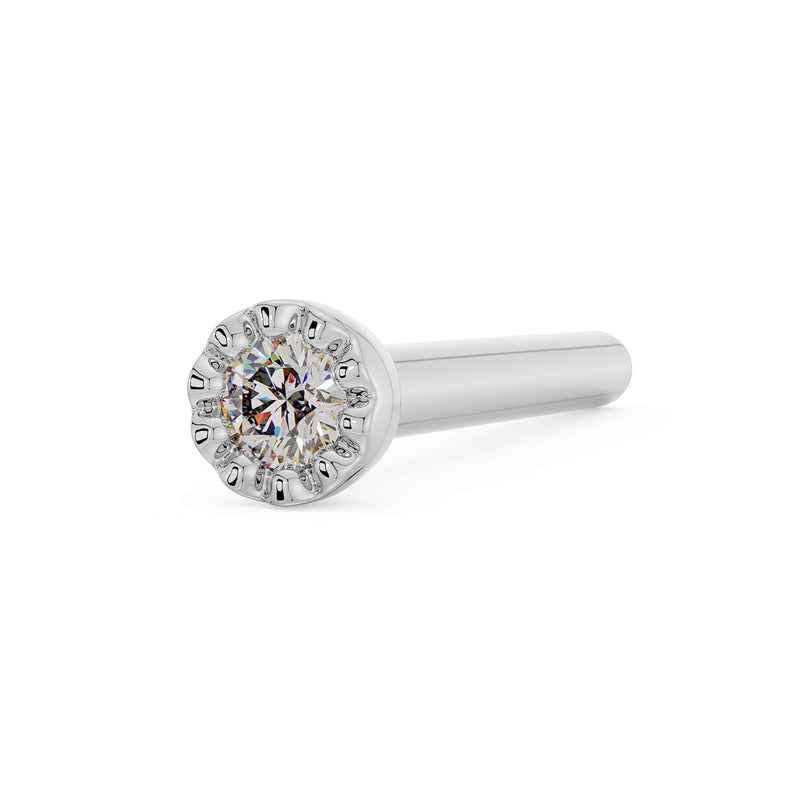 14k white gold diamond nose bone with perlage bezel setting, angled view showing straight post