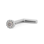 14k white gold diamond perlage L-post nose ring, side view showing angled L-shaped post