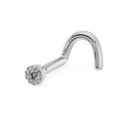 14k white gold diamond perlage nose screw, angled view showing twist post and milgrain setting