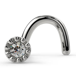 14k white gold diamond nose ring twist style with perlage milgrain bezel setting, front view