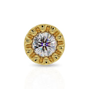 Close-up front view of 14k yellow gold perlage bezel diamond setting with milgrain border detail