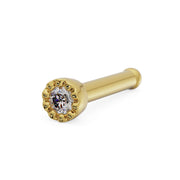14k yellow gold 1.2mm diamond nose bone style, side angle highlighting ball-end straight post