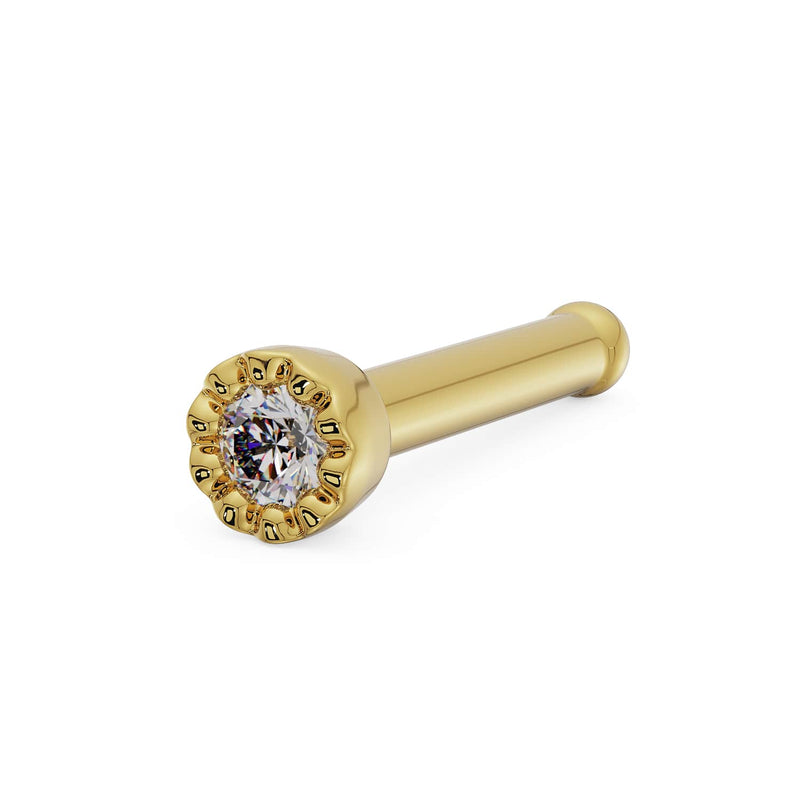 14k yellow gold 1.2mm diamond nose bone style, side angle highlighting ball-end straight post