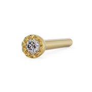 14k yellow gold diamond nose bone with perlage milgrain bezel, angled view showing round post