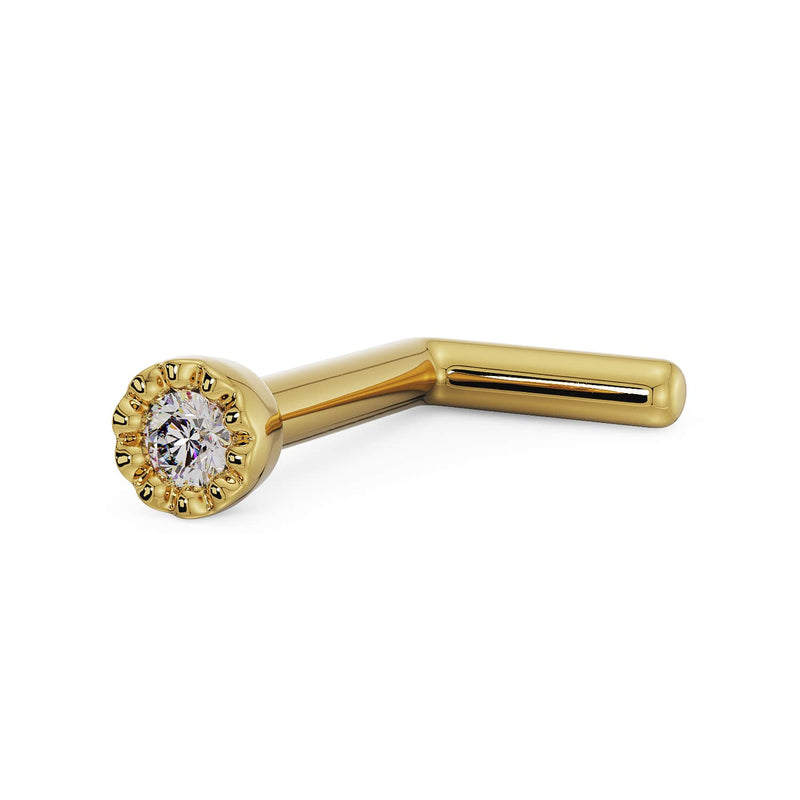 14k yellow gold diamond perlage L-post nose ring, side angle showing L-shaped post style