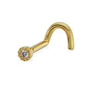 14k yellow gold 1.2mm diamond perlage nose screw, angled view showing twist post and setting