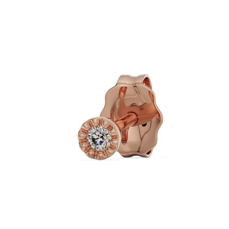 14K rose gold diamond perlage stud, small size, angled rear view showing butterfly back and post detail