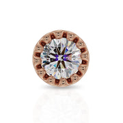 Close-up front view of 1.5mm diamond in 14k rose gold perlage milgrain bezel setting