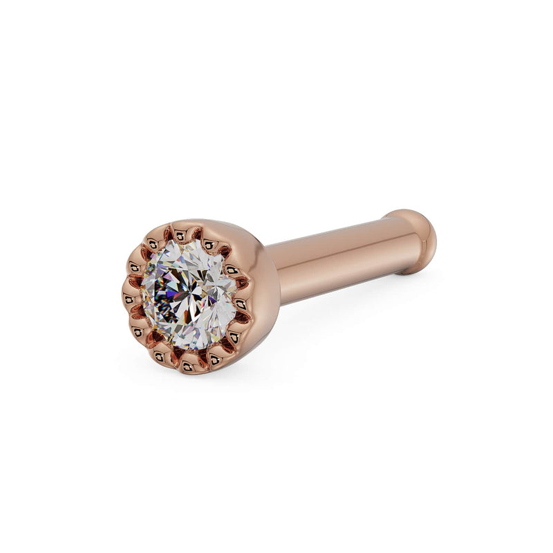 14k rose gold 1.5mm diamond perlage milgrain nose bone, angled view showing post end
