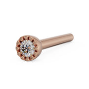 14k rose gold diamond perlage straight post nose stud, angled view of milgrain setting