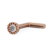 14k rose gold 1.5mm diamond perlage nose ring, L post style showing angled pin