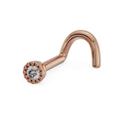 14k rose gold 1.5mm diamond perlage milgrain nose ring, twist screw style side view