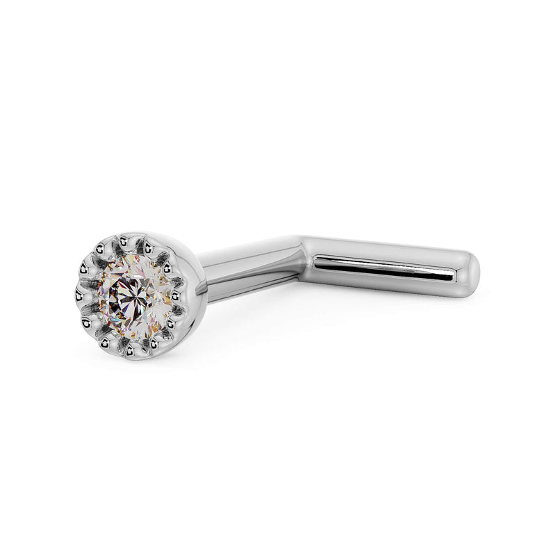 14k white gold diamond perlage nose ring, L post style showing angled pin and setting