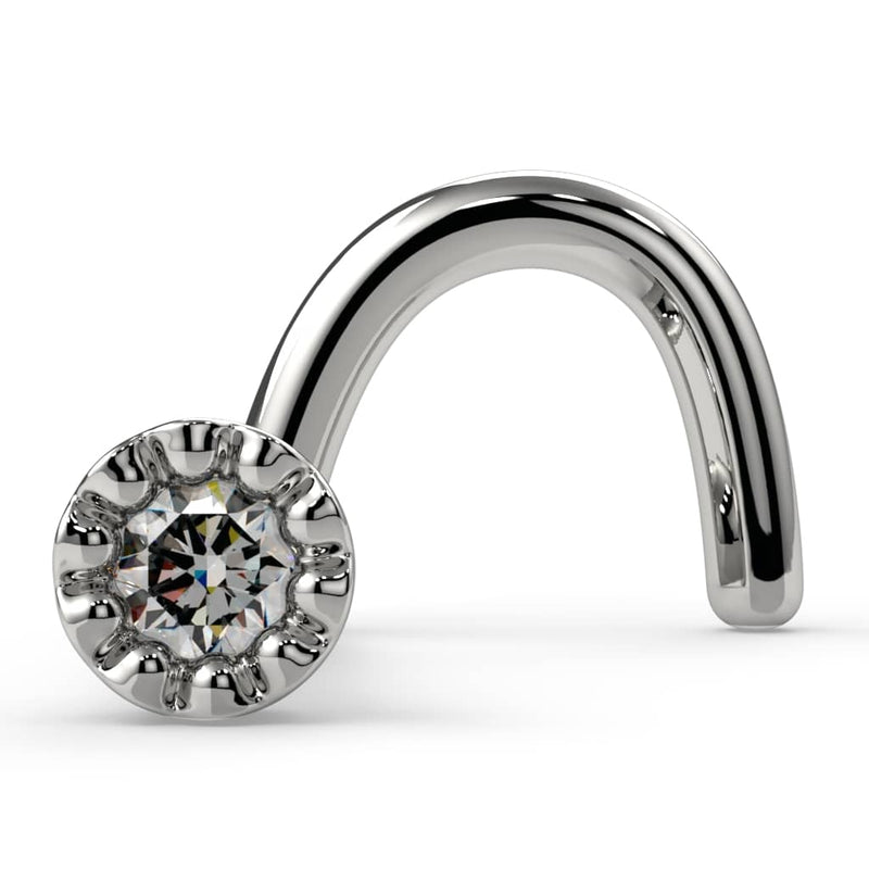 14k white gold 1.5mm diamond perlage milgrain nose ring twist style, front angled view