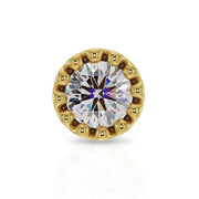 Close-up front view of 1.5mm diamond in 14k yellow gold perlage milgrain bezel setting